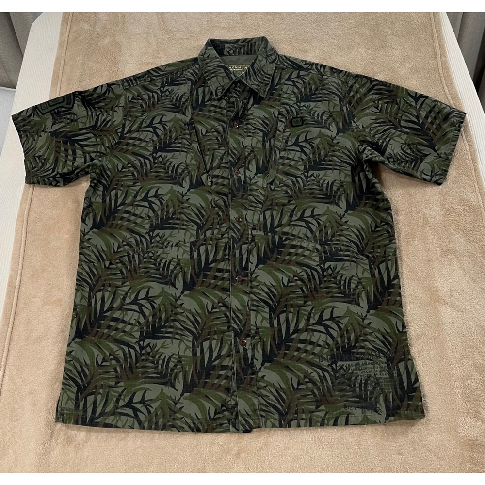 Drunknmunky‎ shirt mens 2XL olive Button Up Palm Leaf Short Sleeve Tactical EUC